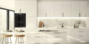 white frameless kitchen cabinet